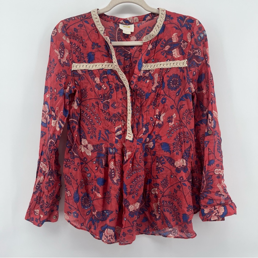 Maeve Anthropologie Abella Floral Butterfly Blouse Size 4 Roll Tab Long Sleeve